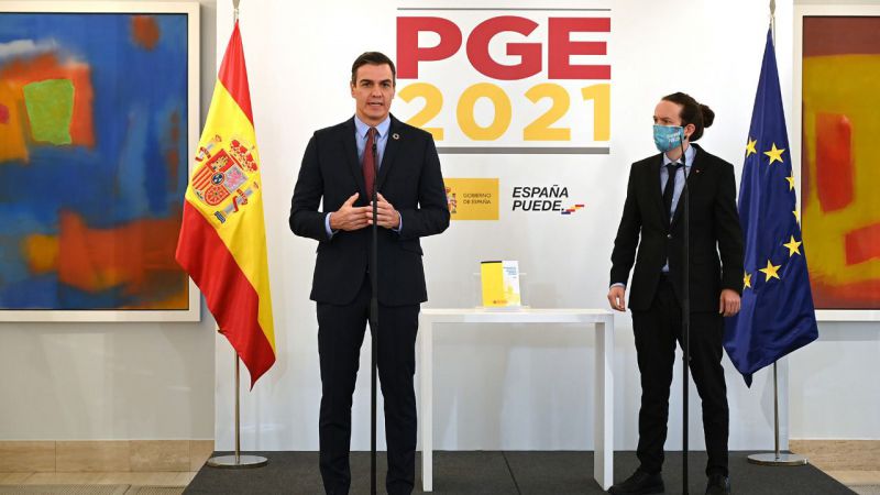 Pedro Sánchez y Pablo Iglesias presentando los PGE 2021