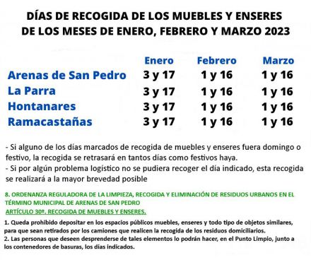 Días de recogida de enseres en Arenas de San Pedro