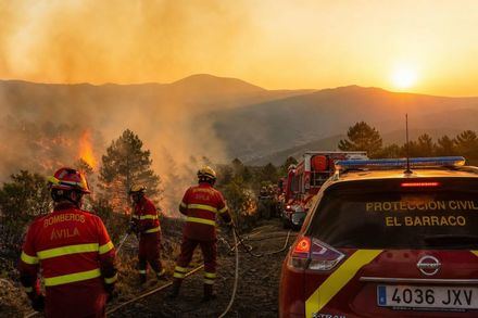 Catorce camiones y cuatro grupos de Protección Civil luchan contra el fuego en El Barraco, Ávila