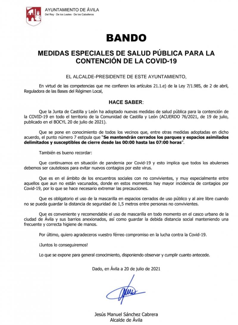 Bando del alcalde de Ávila: Adopción de medidas especiales de salud pública ante el avance de la Covid-19VID-19