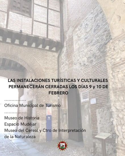 Cierre de instalaciones turísticas y culturales el 9 y 10 de febrero